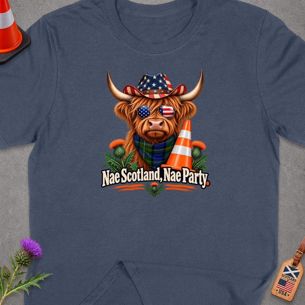Highland cow wearing patriotic hat and sunglasses with "Nae Scotland, Nae Party" text.
