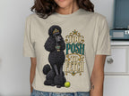 Black poodle wearing a crown and necklace with text "Too Posh to Fetch".