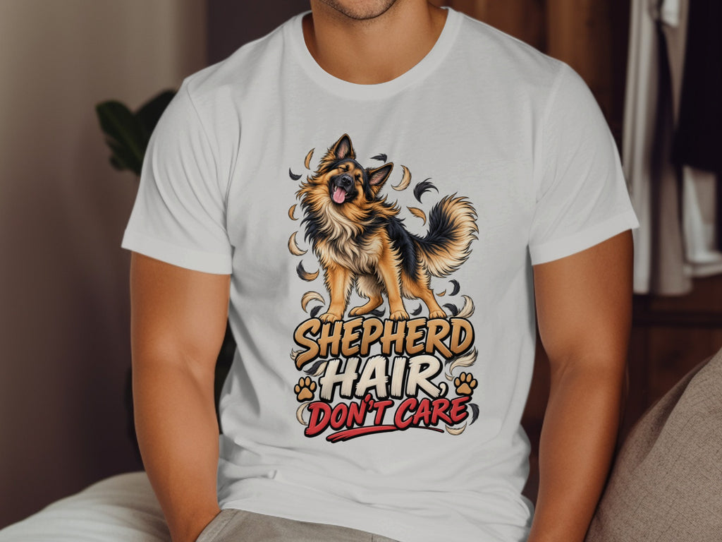 White t-shirt with a German Shepherd illustration and "Shepherd Hair Don't Care" text.