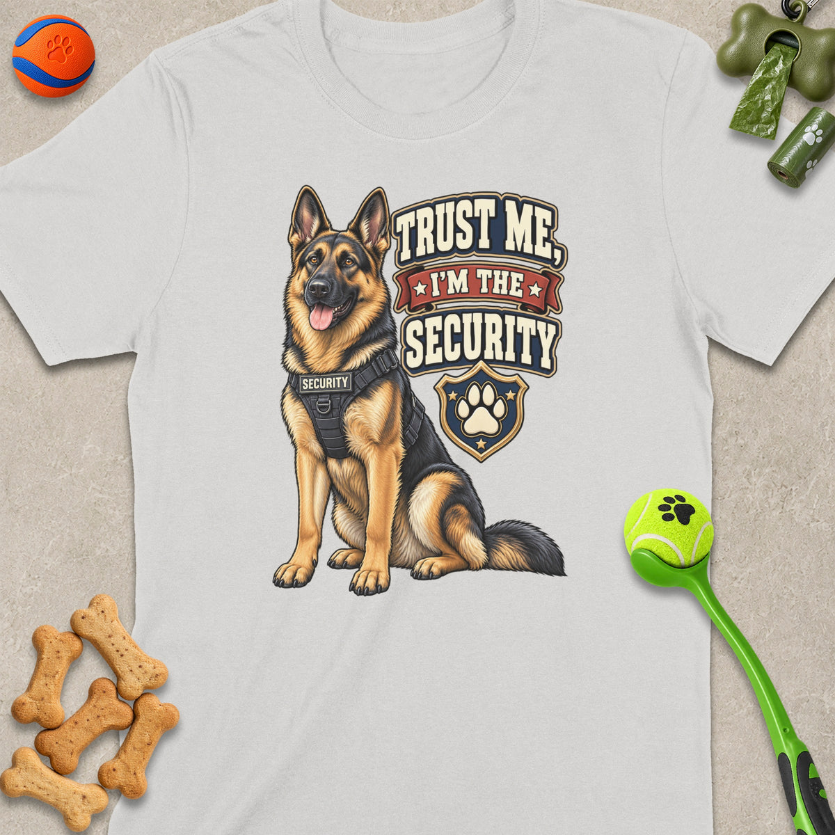 German Shepherd wearing a security vest with text "Trust Me, I'm The Security."