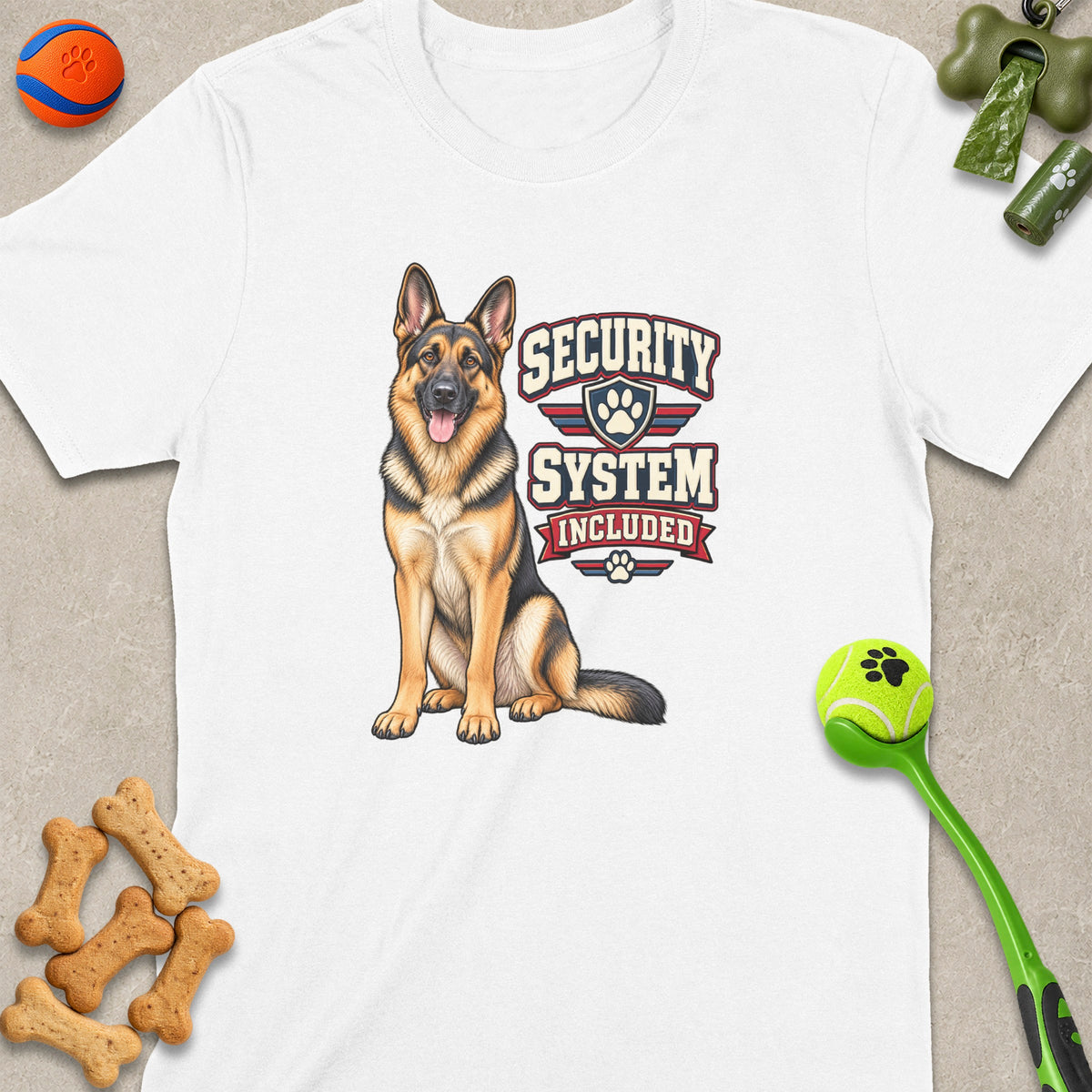 German Shepherd sitting next to "SECURITY SYSTEM INCLUDED" graphic on a white t-shirt.