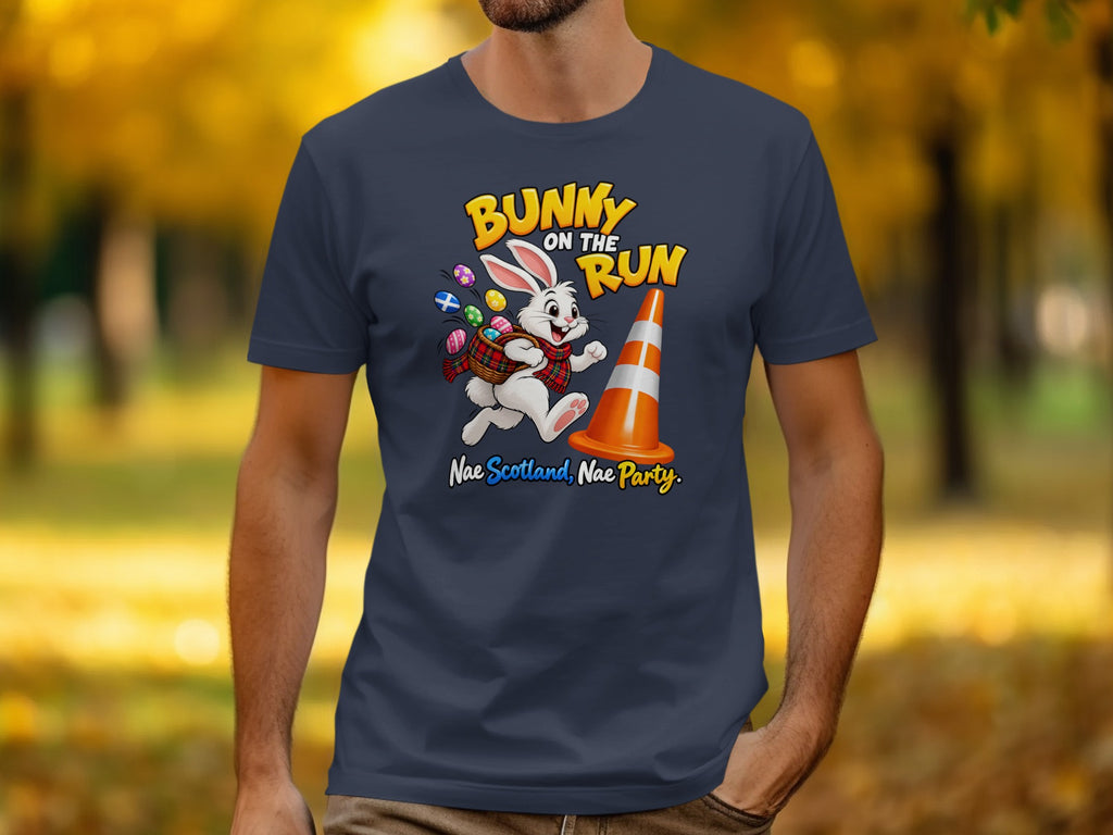 Bunny on the Run graphic with Easter eggs and a traffic cone.