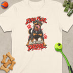 Cream t-shirt with a Rottweiler illustration and text "Zero Fear Maximum Drool."