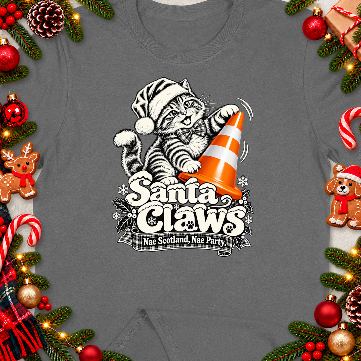 T-shirt graphic of a cat in a Santa hat with "Santa Claws Nae Scotland, Nae Party" text.