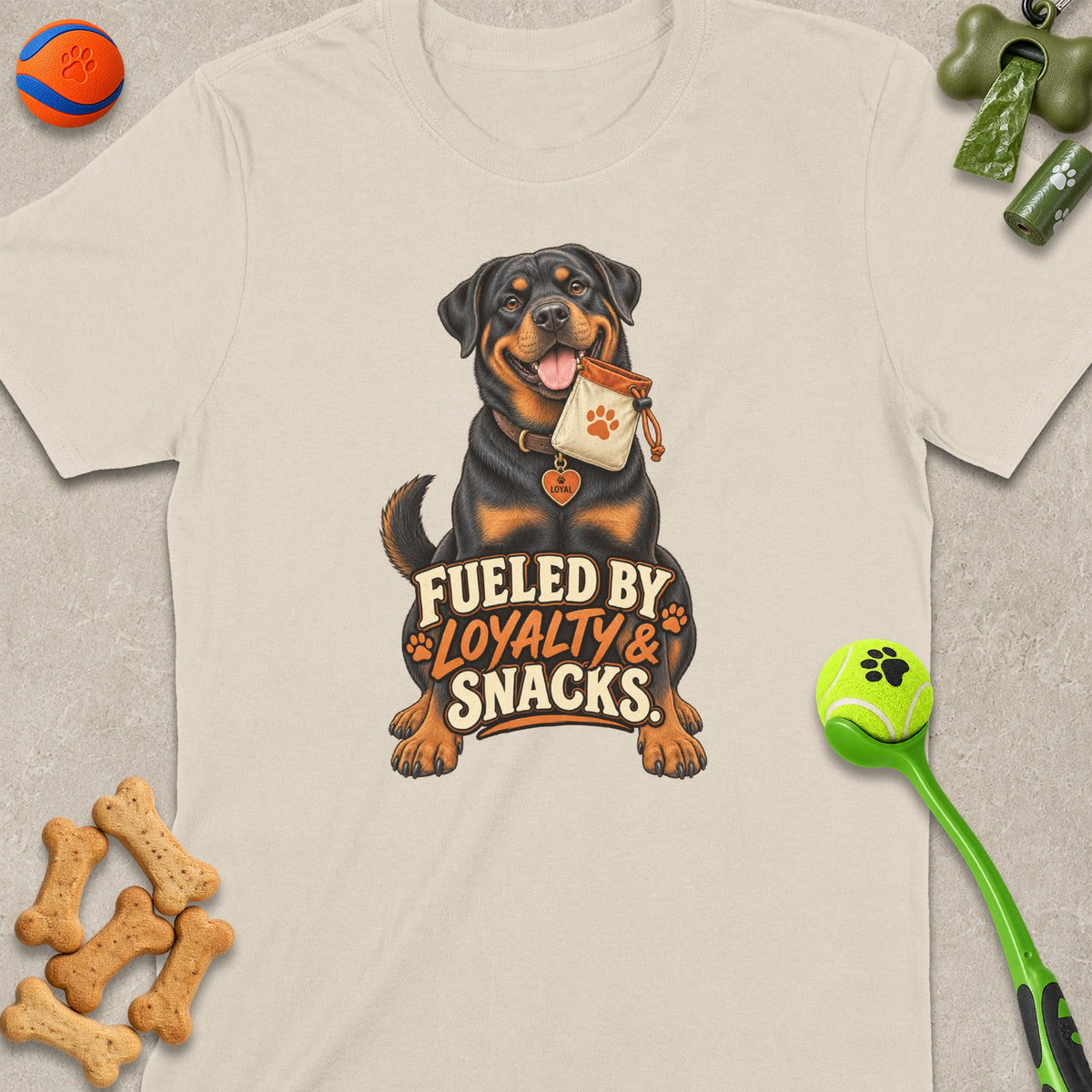 Rottweiler with "Fueled by Loyalty & Snacks" text on t-shirt.