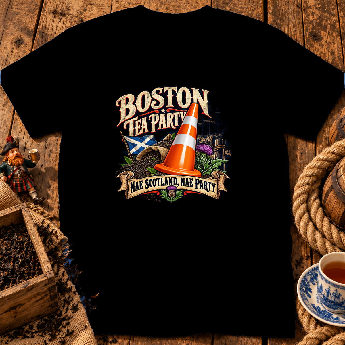 A black t-shirt features a colorful graphic with text reading Boston Tea Party and Nae Scotland, Nae Party.