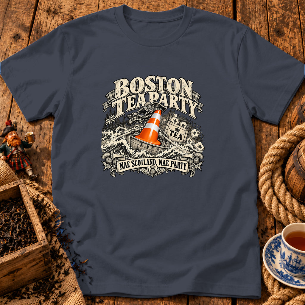 A dark gray t-shirt featuring a Boston Tea Party graphic with a traffic cone on a ship.
