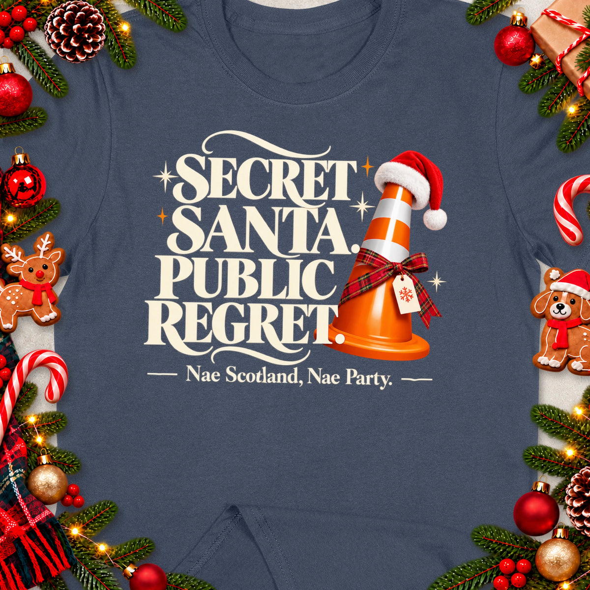 "Secret Santa. Public Regret. Nae Scotland, Nae Party." text on a blue t-shirt with festive decor.