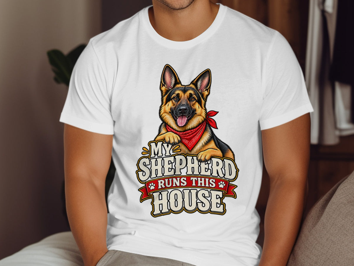 German Shepherd with red bandana and text "My Shepherd Runs This House."
