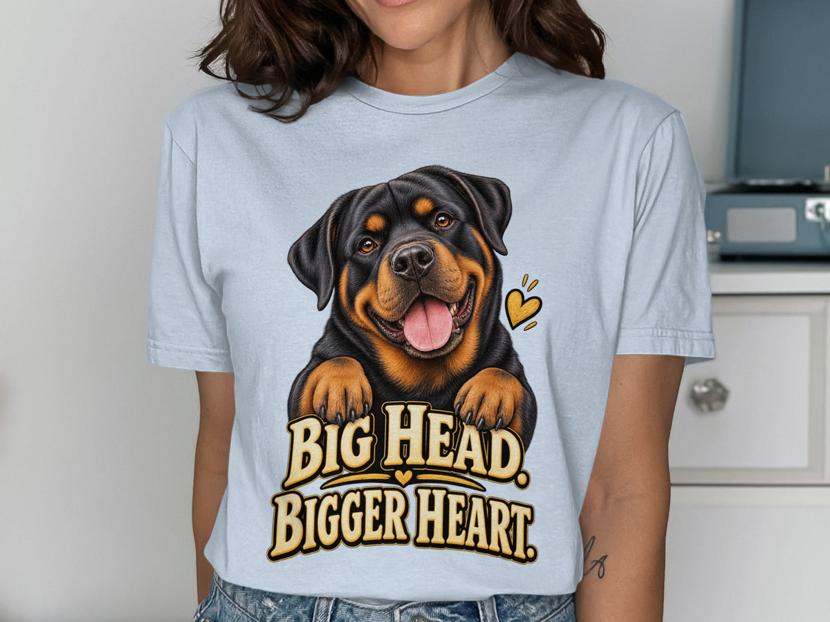 Rottweiler with "BIG HEAD. BIGGER HEART." text and a heart graphic.