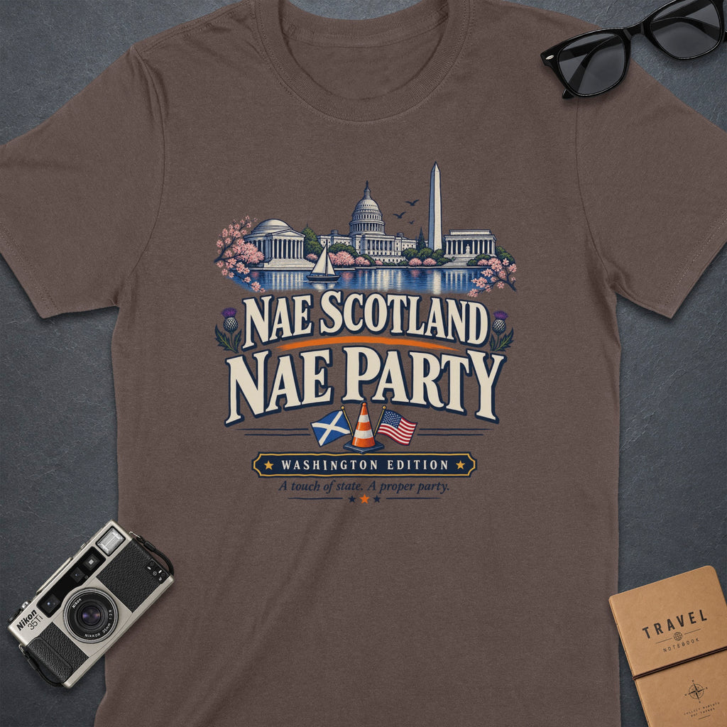 Brown t-shirt graphic with Washington D.C. landmarks, "Nae Scotland Nae Party," and flags.