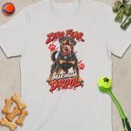 White t-shirt with Rottweiler graphic and text "ZERO FEAR MAXIMUM DROOL".