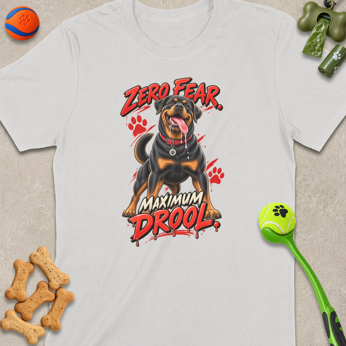 White t-shirt with Rottweiler graphic and text "ZERO FEAR MAXIMUM DROOL".