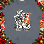 T-shirt with Santa Claws graphic of cat with traffic cone, text "Nae Scotland, Nae Party."