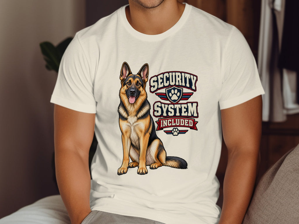 German Shepherd with "Security System Included" text on a white t-shirt.