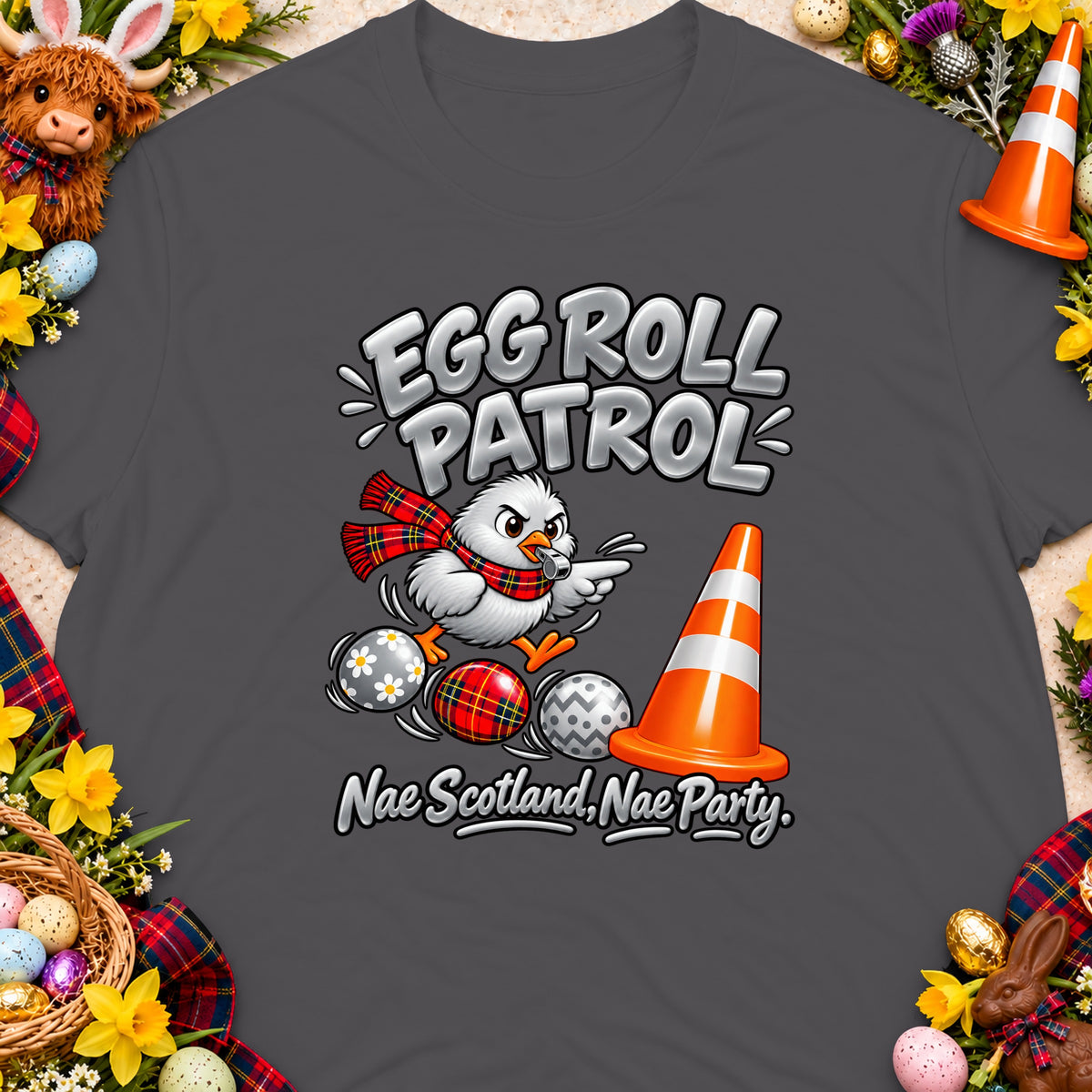 Chicken character with "Egg Roll Patrol" and "Nae Scotland, Nae Party" text.