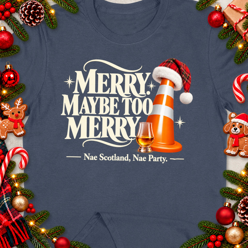 T-shirt with "Merry Maybe Too Merry" and "Nae Scotland, Nae Party" text.