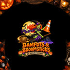 Witch on broomstick holds traffic cone with text "BAMPOTS & BROOMSTICKS NAE SCOTLAND, NAE PARTY".
