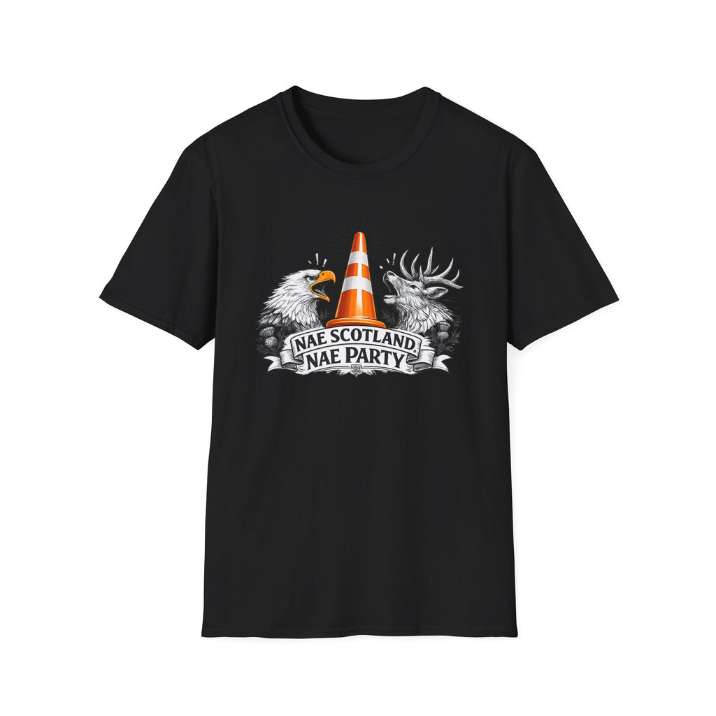 Nae Scotland, Nae Party – Eagle & Highland Stag Cone T-Shirt