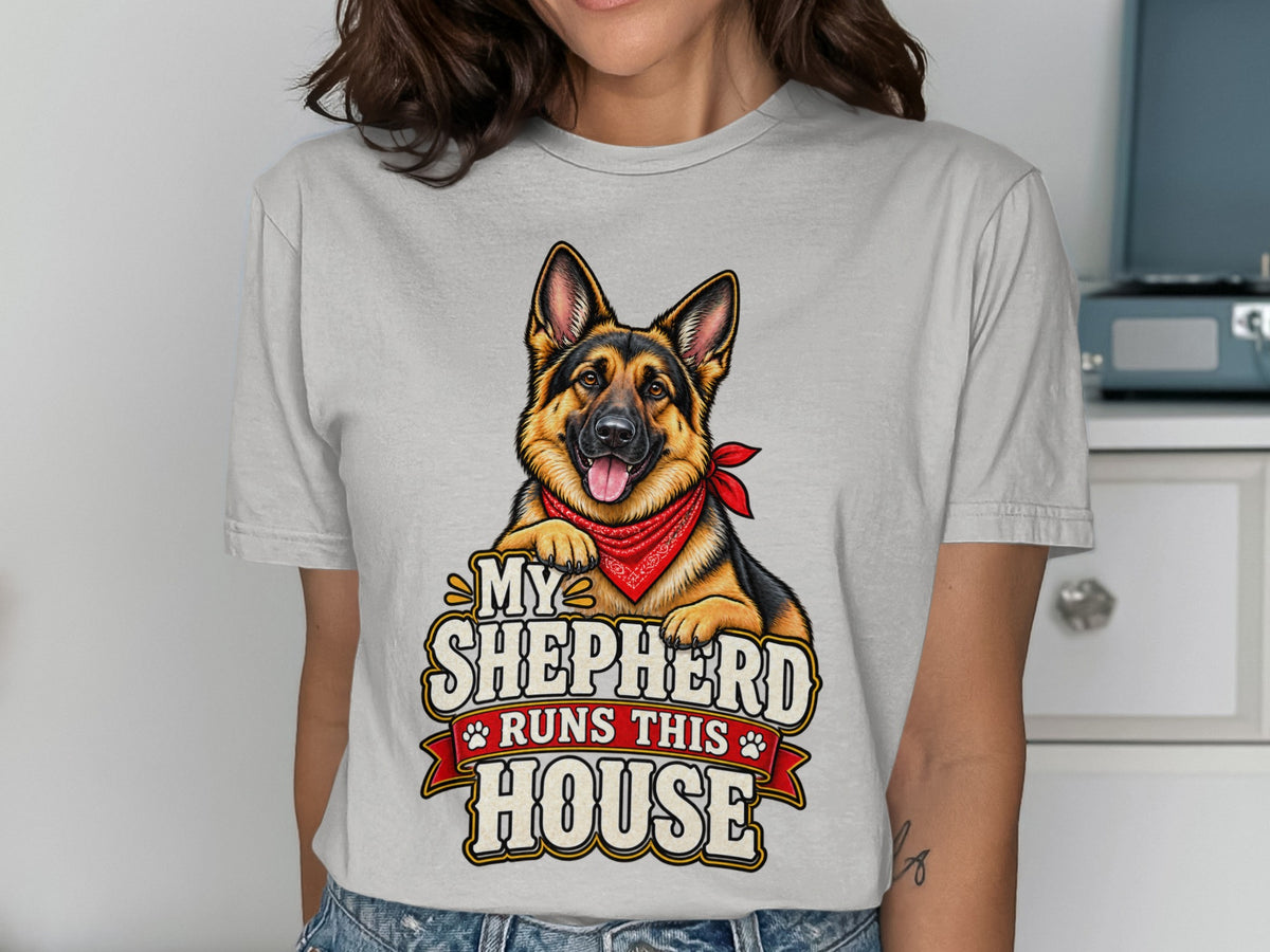 German Shepherd wearing a red bandana with text "My Shepherd Runs This House".
