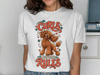 White t-shirt with a brown poodle and text that reads "Curls Before Rules".