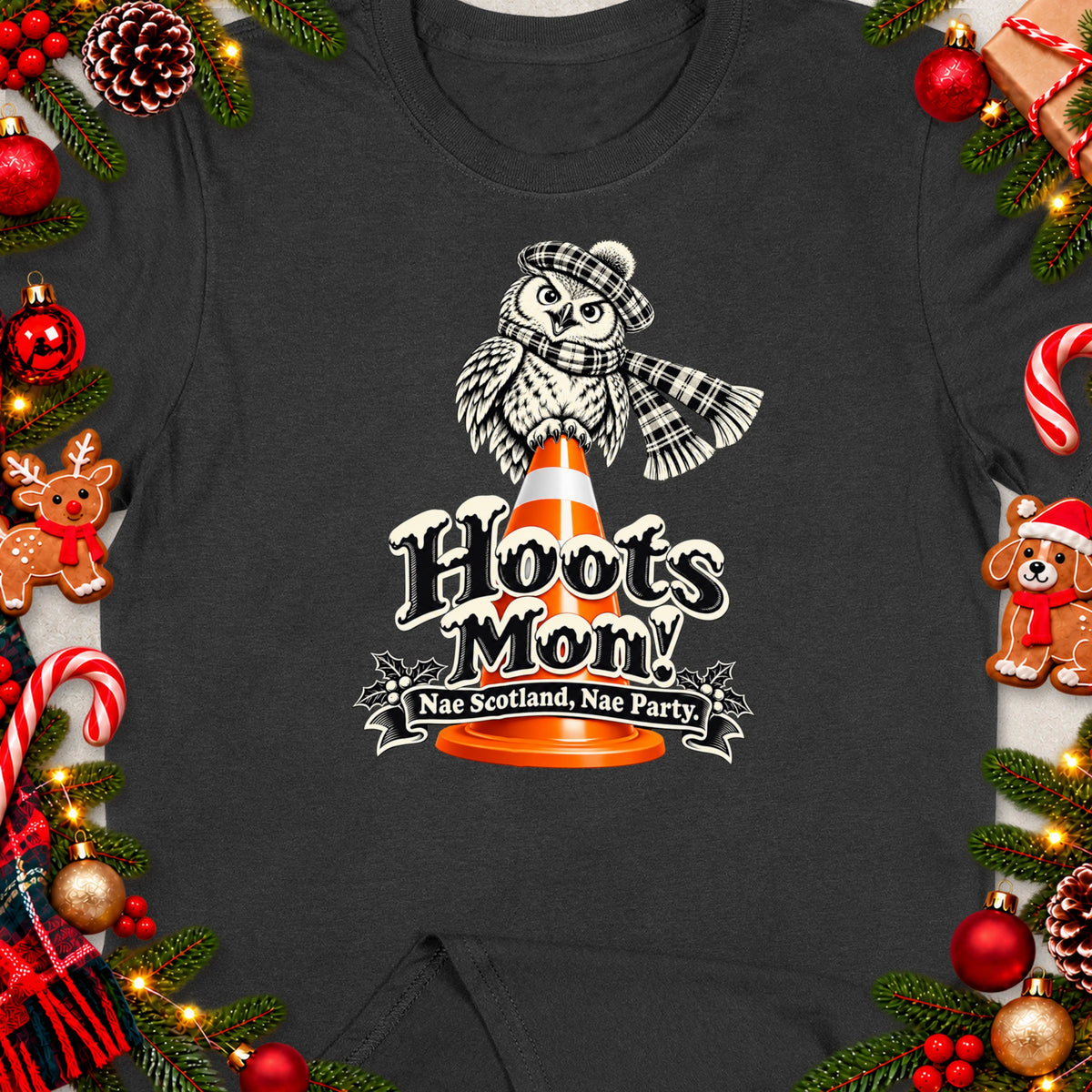 Owl wearing tartan hat and scarf on traffic cone with text "Hoots Mon! Nae Scotland, Nae Party."