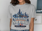 Light grey t-shirt with Chicago skyline, "Nae Scotland Nae Party" text, and flags.