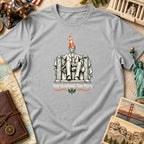 A gray crewneck t-shirt featuring a graphic of the Lincoln Memorial with an orange traffic cone on Abraham Lincoln's head and the text "Nae Scotland, Nae Party." underneath.