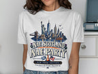 White t-shirt with New York skyline and "Nae Scotland Nae Party" text.