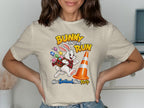 Bunny on the Run graphic with Easter eggs, traffic cone, and text.