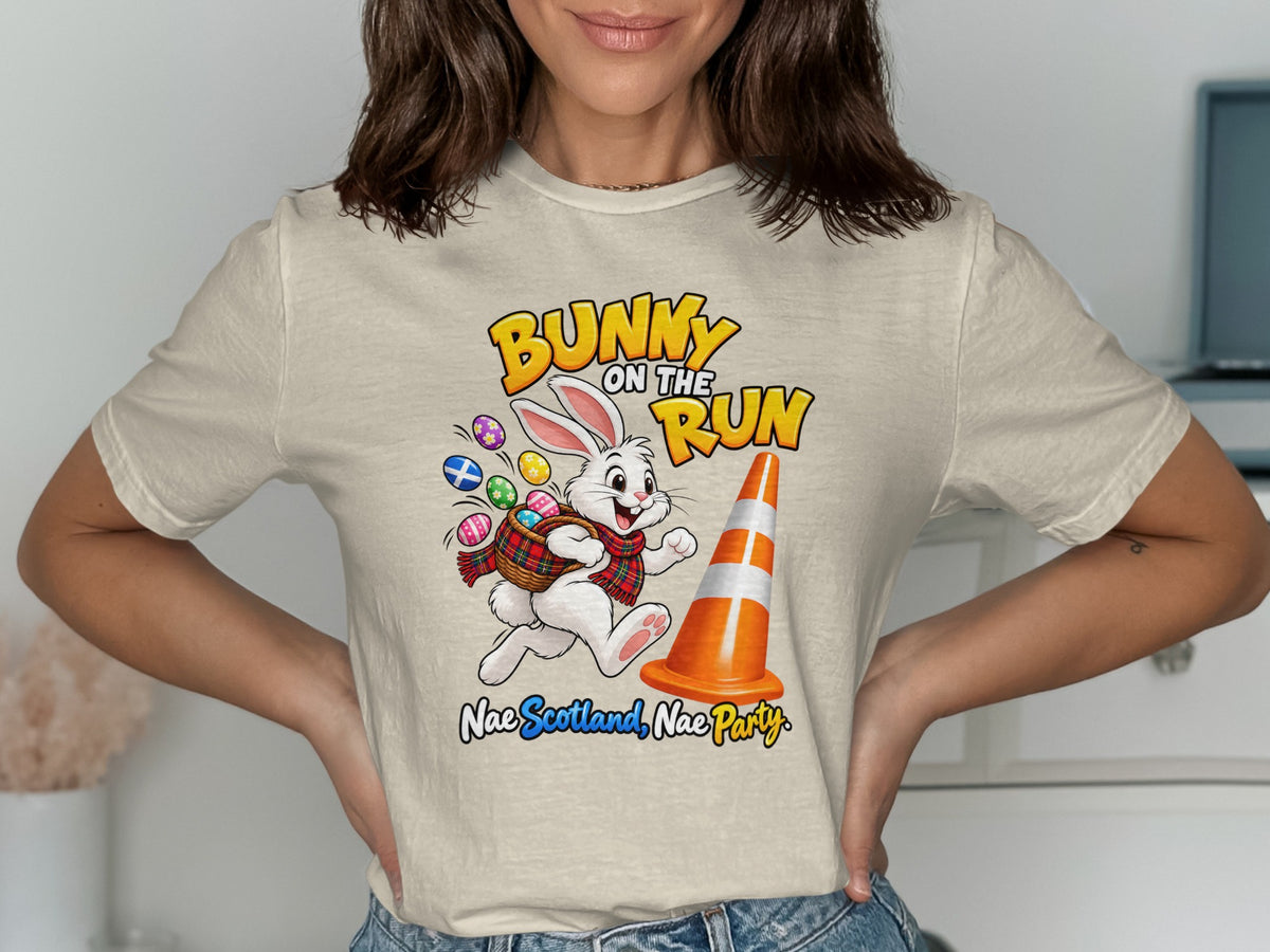 Bunny on the Run graphic with Easter eggs, traffic cone, and text.
