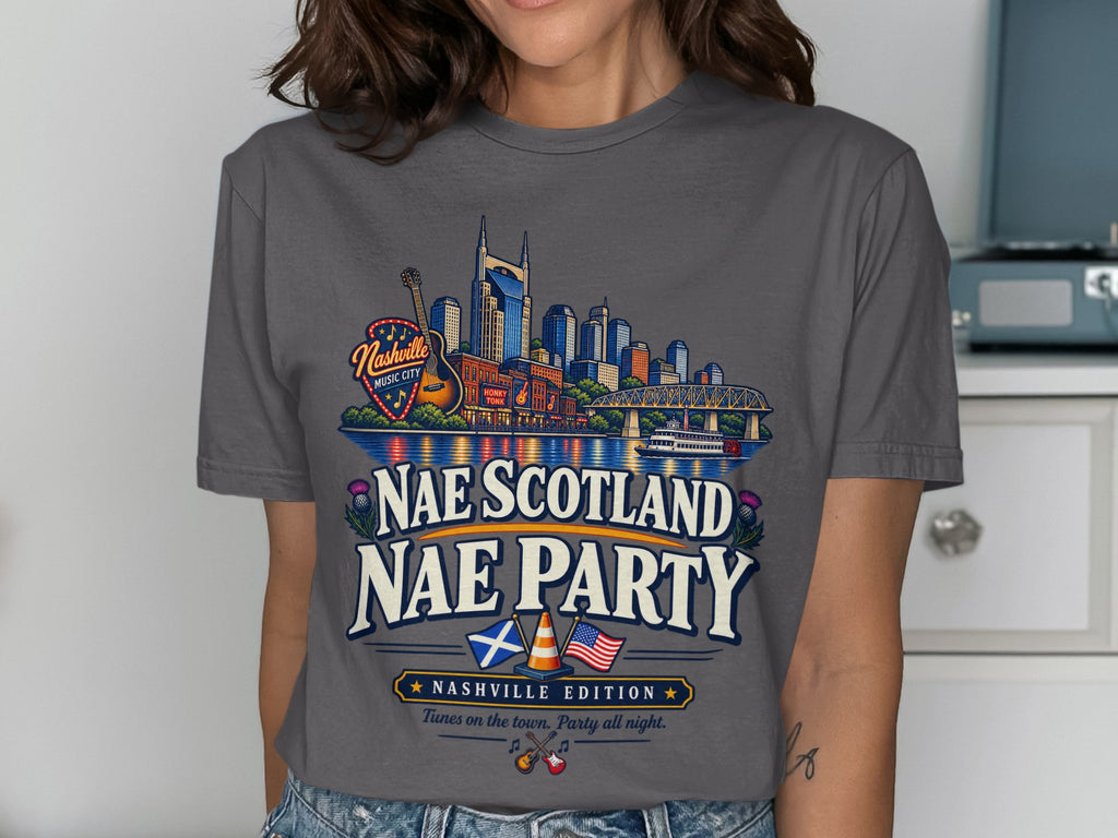 Nashville Music City skyline graphic with text "Nae Scotland Nae Party".