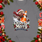 Otterly Merry t-shirt with otter holding traffic cone, festive border.