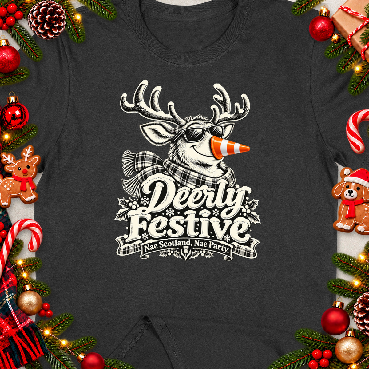 Deerly Festive text with a cartoon reindeer, tartan scarf, and orange cone nose.