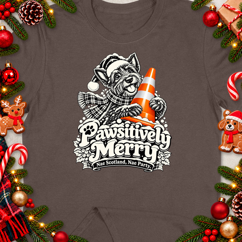Dog with Christmas hat holding orange traffic cone, "Pawsitively Merry" text.