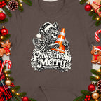 Dog with Christmas hat holding orange traffic cone, "Pawsitively Merry" text.