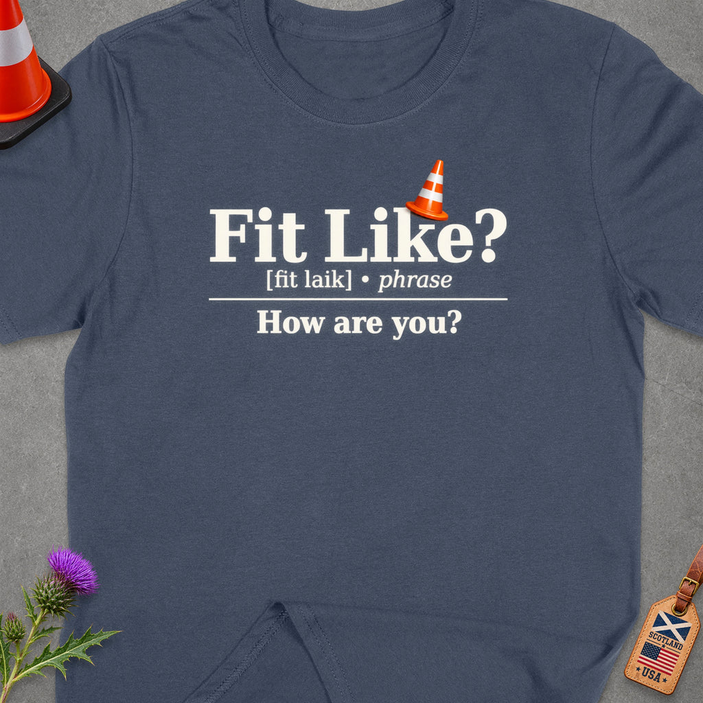 T-shirt with "Fit Like? How are you?" text and Scottish and USA flag luggage tag.
