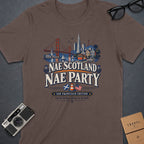 T-shirt graphic: San Francisco skyline, Golden Gate Bridge, cable car, "Nae Scotland Nae Party" text.