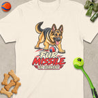 German Shepherd with "Fur Missile On Standby" text and dog toys.