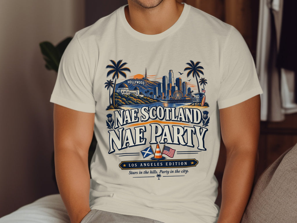 T-shirt with Los Angeles skyline, Hollywood sign, and "Nae Scotland Nae Party" text.