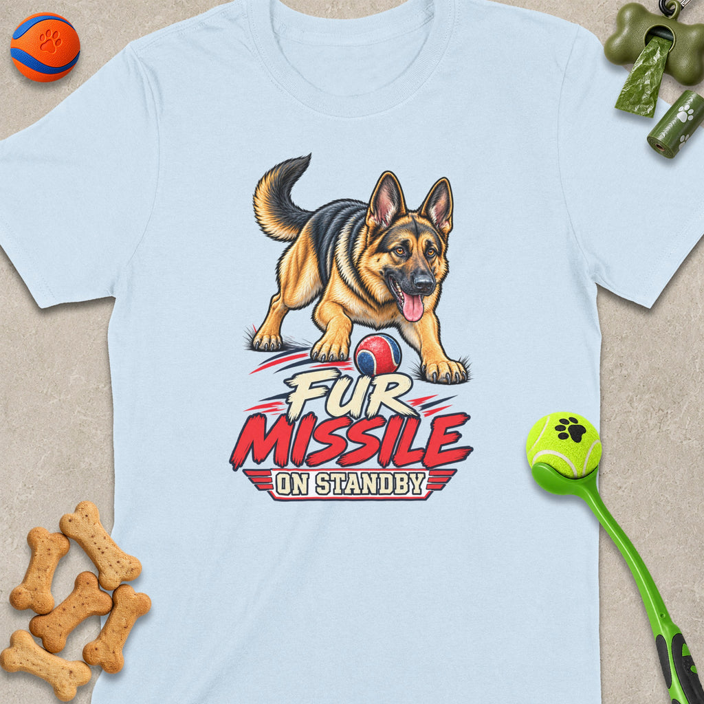 German Shepherd with "Fur Missile On Standby" text and a ball.