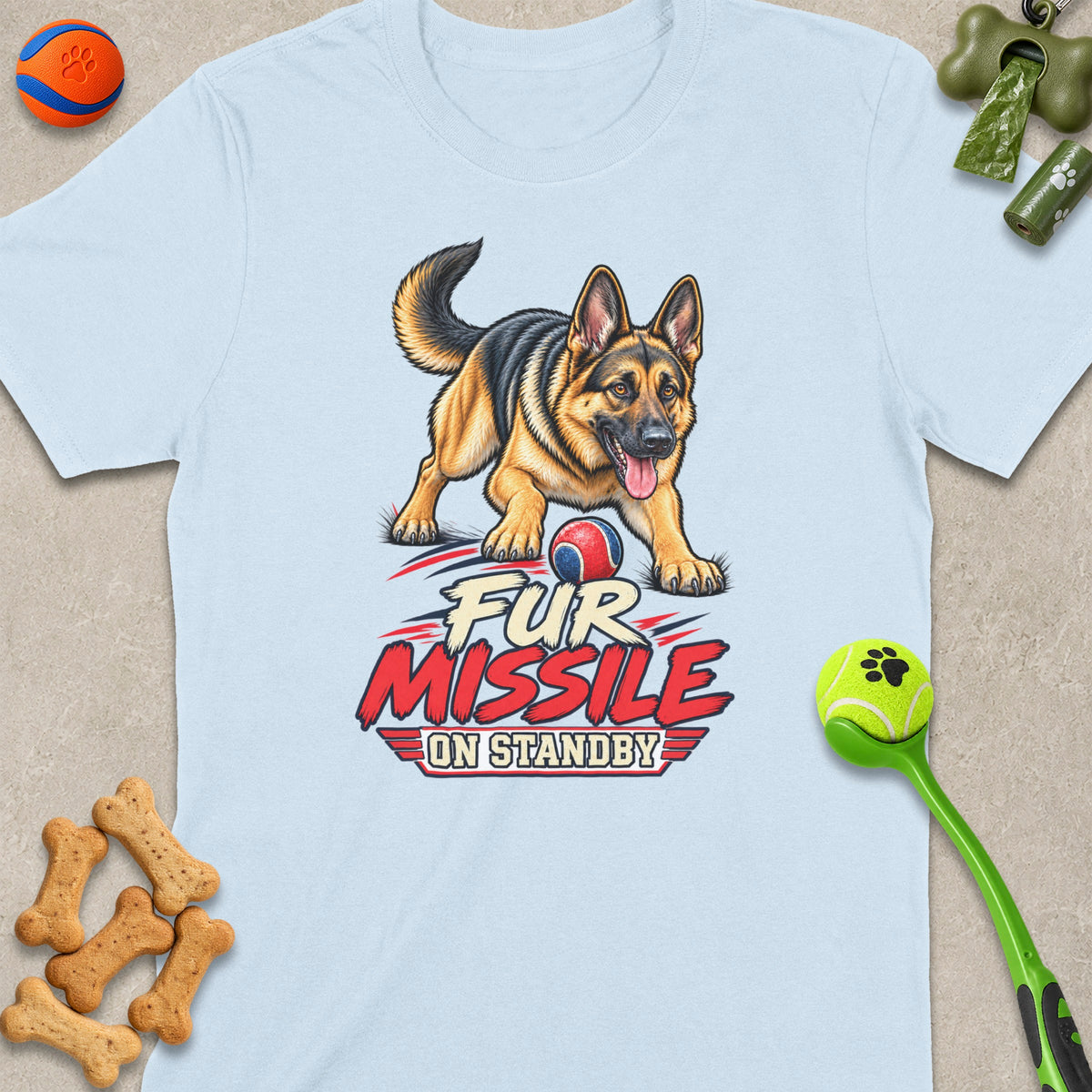 German Shepherd with "Fur Missile On Standby" text and a ball.