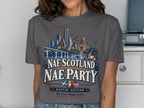 T-shirt graphic with Austin skyline, guitar, and "Nae Scotland Nae Party" text.