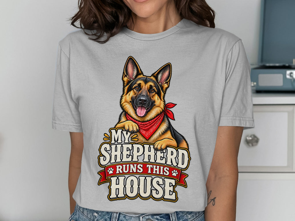 German Shepherd with bandana, text "My Shepherd Runs This House".