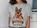 German Shepherd with bandana, text "My Shepherd Runs This House".