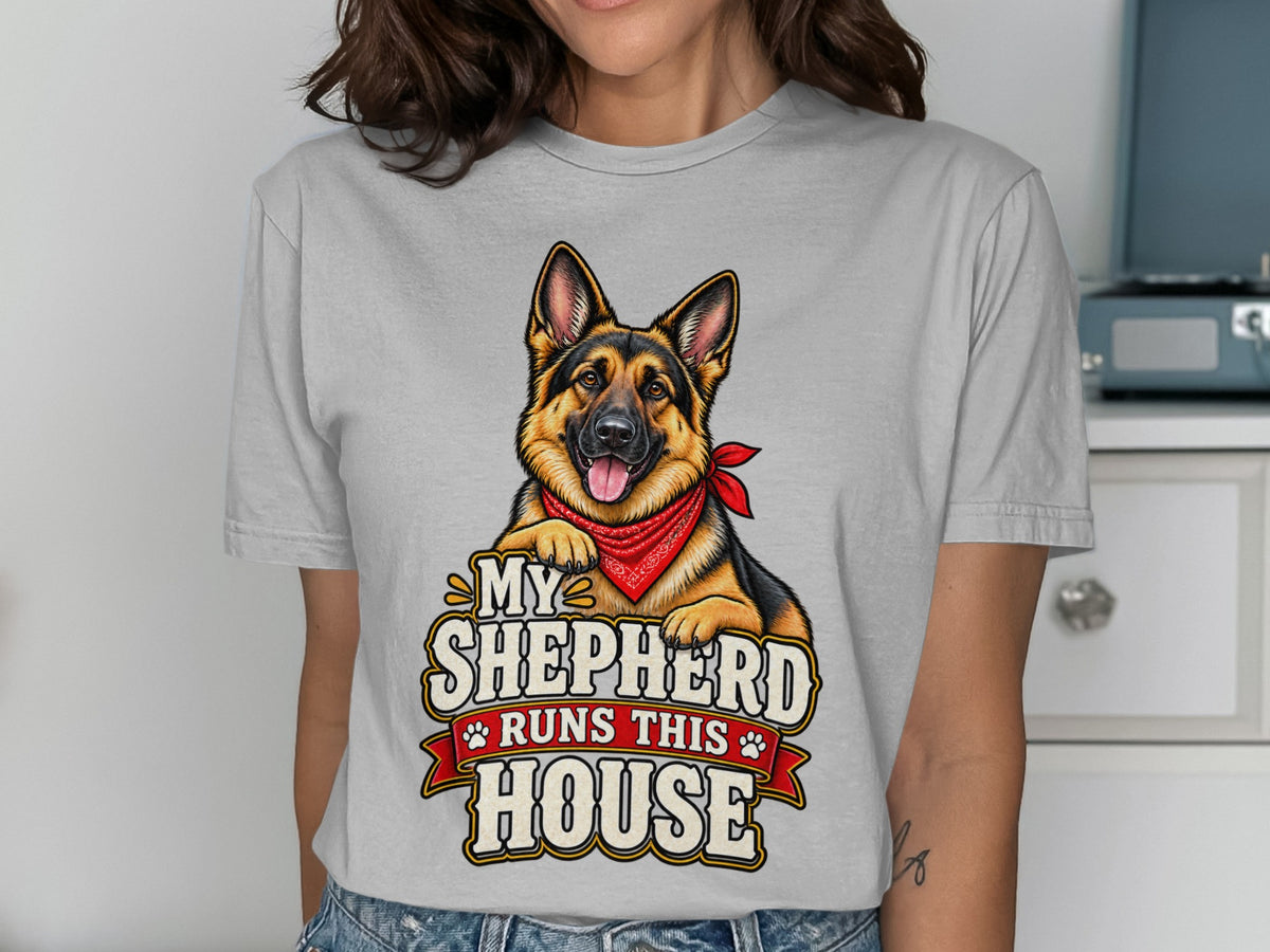 German Shepherd with bandana, text "My Shepherd Runs This House".