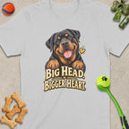 Rottweiler graphic with text "BIG HEAD. BIGGER HEART." on a gray t-shirt.