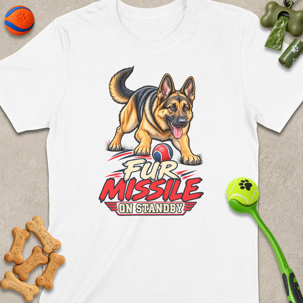 German Shepherd graphic on white t-shirt with text "Fur Missile On Standby".