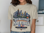 T-shirt graphic with Atlanta skyline, "Nae Scotland Nae Party," and "Atlanta Edition."