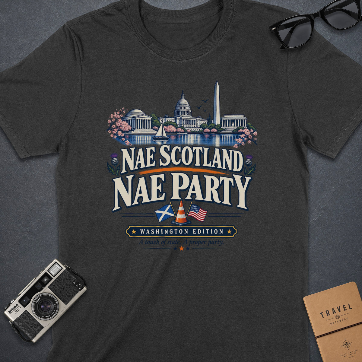T-shirt with Washington landmarks, "Nae Scotland Nae Party" text, and flags.